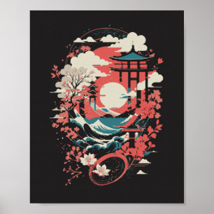 Japanese Landscape Red Sun Pagoda & Waves Graphic  Poster