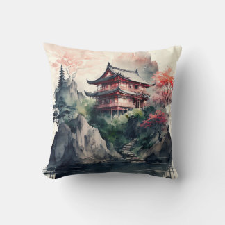 Japanese landscape throw pillow
