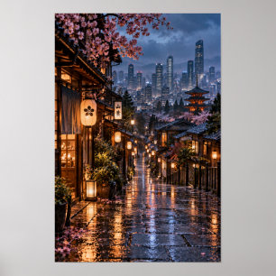 Japanese Lantern Street Cherry Blossom Night Wall  Poster