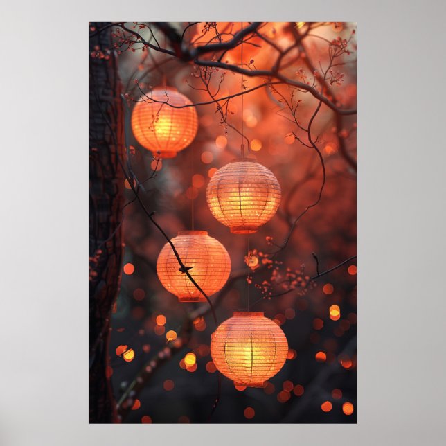 Japanese Lanterns at Night – Warm Watercolor Art Poster (Front)