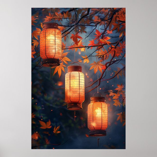 Japanese Lanterns at Night – Warm Watercolor Art Poster (Front)