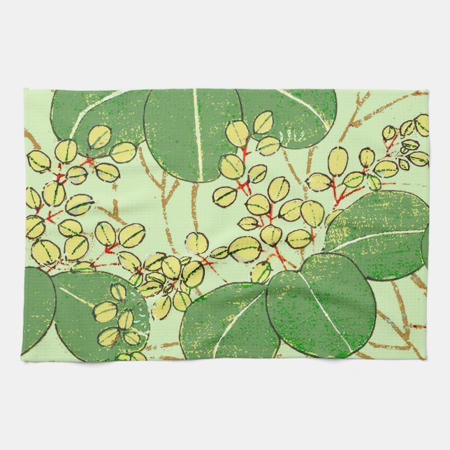 Japanese Leaf Floral Botanical Art Pattern Kitchen Towel (Horizontal)