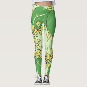Japanese Leaf Floral Botanical Art Pattern Leggings