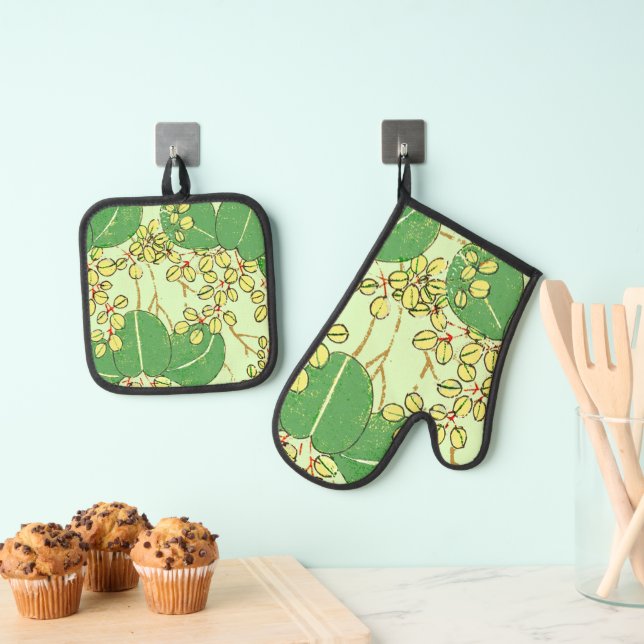 Japanese Leaf Floral Botanical Art Pattern Oven Mitt & Pot Holder Set (Insitu(Hanging))