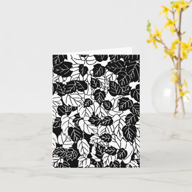 Japanese Leaf Print, Black and White Card (Yellow Flower)