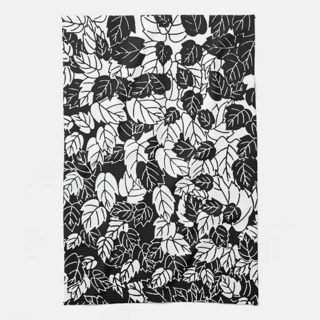 Japanese Leaf Print, Black and White Kitchen Towel (Vertical)