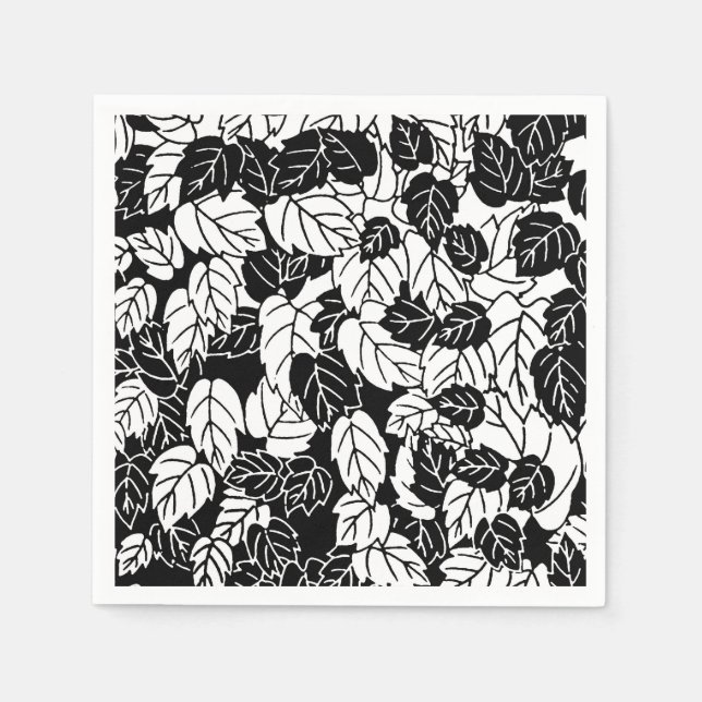 Japanese Leaf Print, Black and White Napkin (Front)