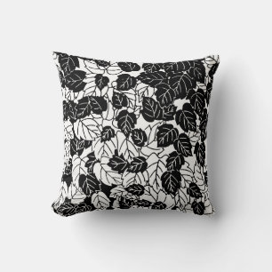 Japanese Leaf Print, Black and White Throw Pillow