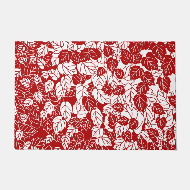 Japanese Leaf Print, Dark Red and White Doormat (Front)