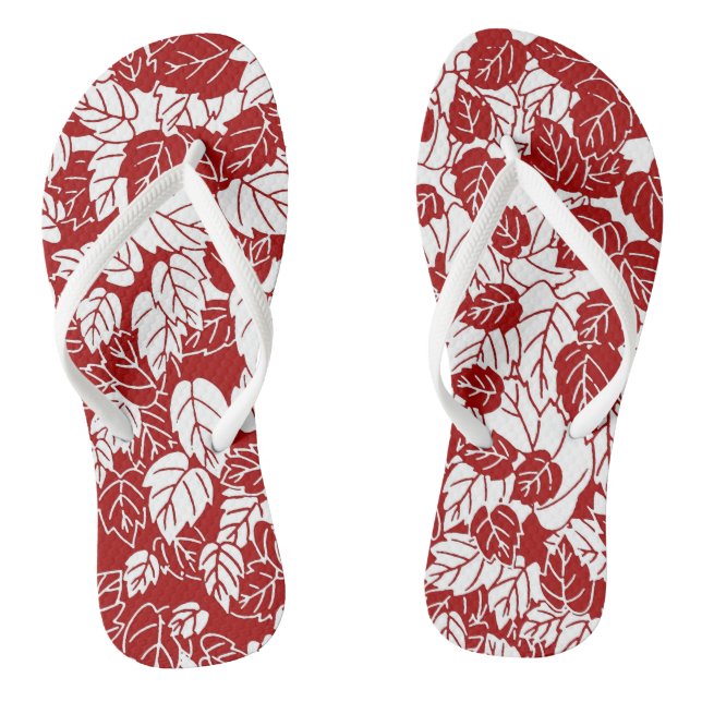 Japanese Leaf Print, Dark Red and White Flip Flops (Footbed)