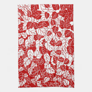 Japanese Leaf Print, Dark Red and White Kitchen Towel