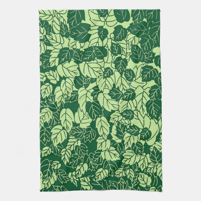 Japanese Leaf Print, Emerald and Lime Green Kitchen Towel (Vertical)