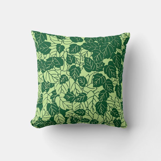 Japanese Leaf Print, Emerald and Lime Green Throw Pillow (Front)