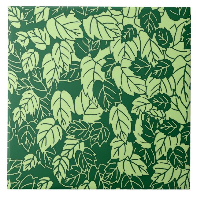 Japanese Leaf Print, Emerald and Lime Green Tile (Front)