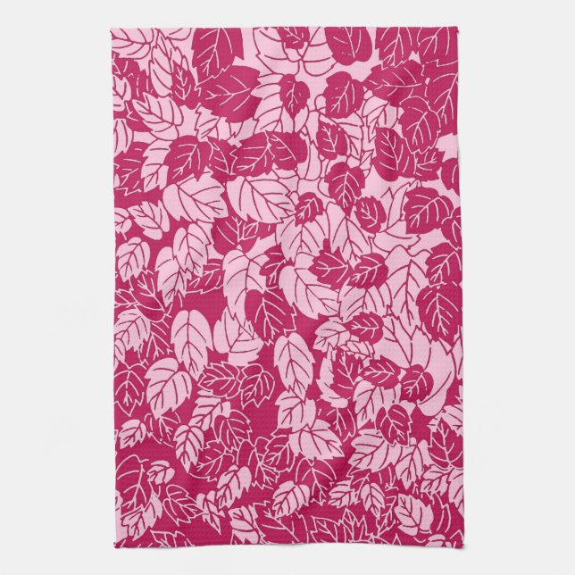 Japanese Leaf Print, Fuchsia and Light Pink Kitchen Towel (Vertical)