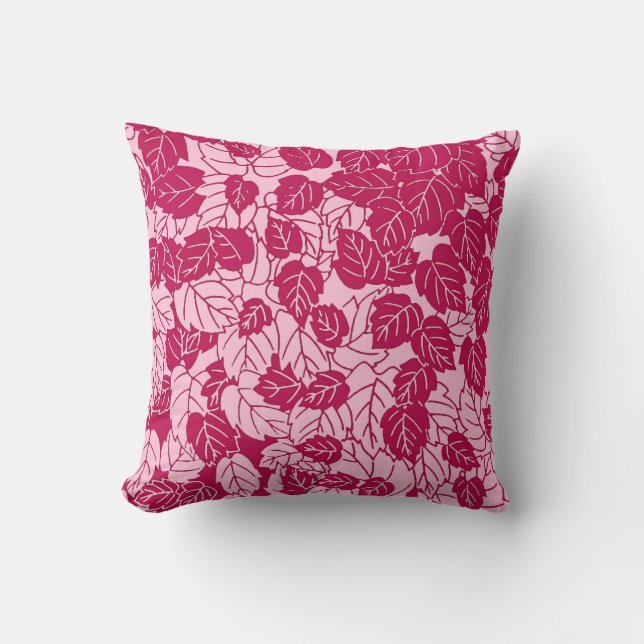 Japanese Leaf Print, Fuchsia and Light Pink Throw Pillow (Front)