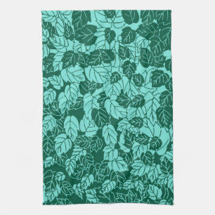 Japanese Leaf Print, Turquoise and Aqua Kitchen Towel