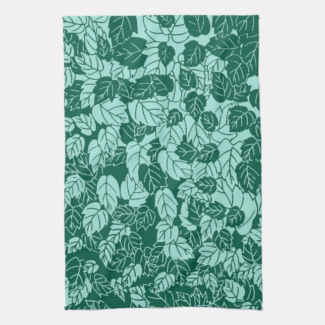 Japanese Leaf Print, Turquoise and Aqua Kitchen Towel (Vertical)