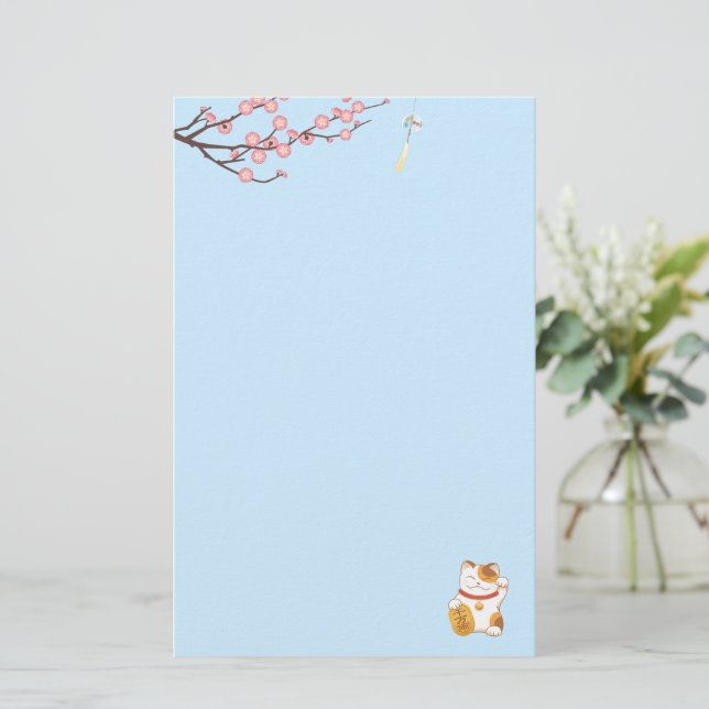 Japanese Lucky Calico Cat, Maneki Neko Blue Stationery (Standing Front)