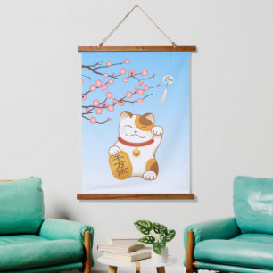 Japanese Lucky Calico Cat, Maneki Neko Hanging Tapestry