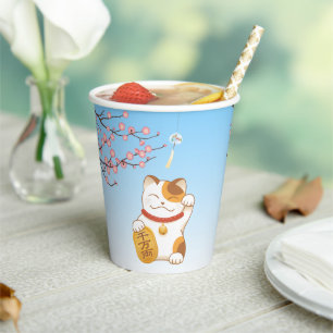 Japanese Lucky Calico Cat, Maneki Neko Paper Cups