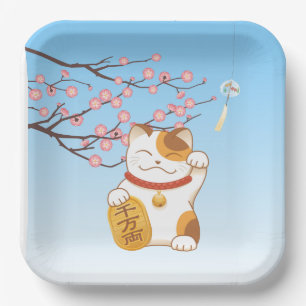 Japanese Lucky Calico Cat, Maneki Neko Paper Plate