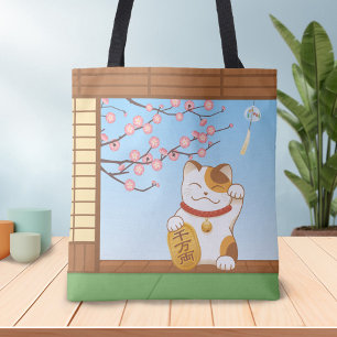 Japanese Lucky Calico Cat, Maneki Neko Tote Bag