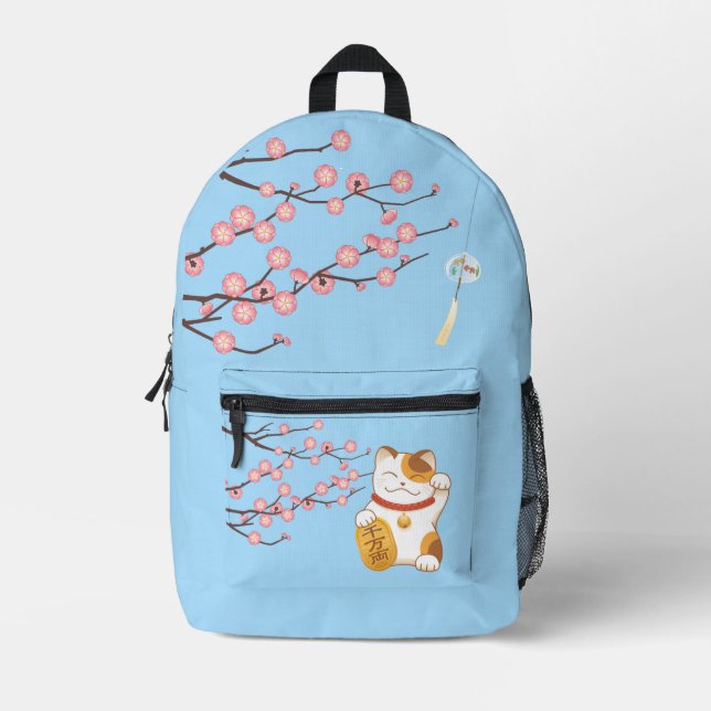 Japanese Lucky Cat, Calico Maneki Neko Printed Backpack (Front)