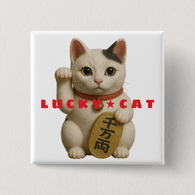 Japanese Lucky Cat Charm 2 Inch Square Button (Front)