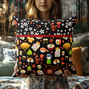 Japanese Lucky Cat, Chopsticks and Sushi Throw Pillow