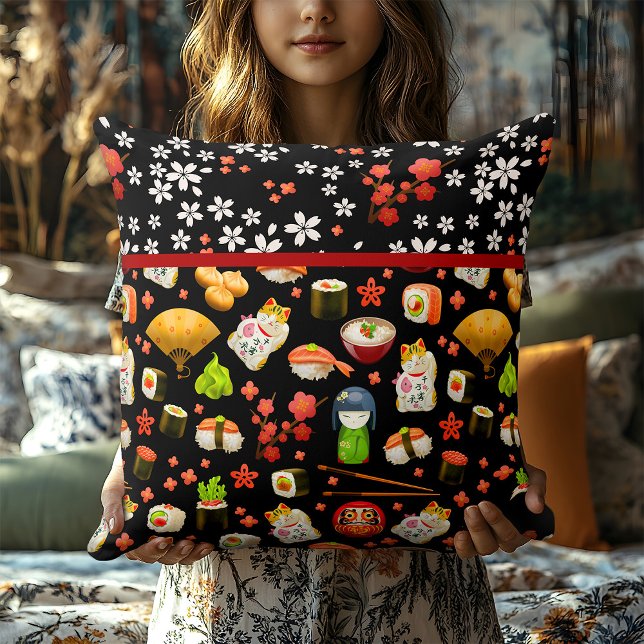 Japanese Lucky Cat, Chopsticks and Sushi Throw Pillow (Creator Uploaded)