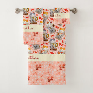 Japanese Lucky Cat Kimono Peach Pink Koi Carp Bath Towel Set