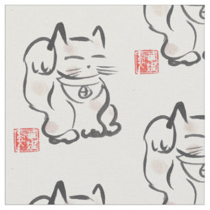 Japanese Lucky Cat Maneki Neko Fabric
