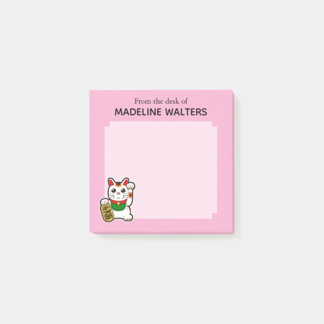 Japanese Lucky Cat Pink Personalized Post-it Notes (Front)