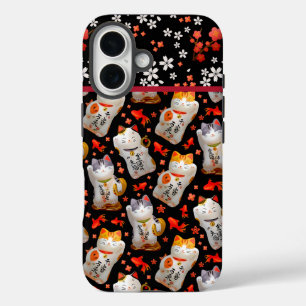Japanese lucky cats and koi carp pattern on black iPhone 16 case