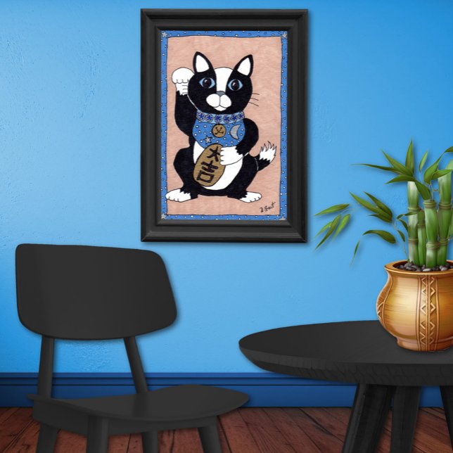 Japanese Lucky Tuxedo Cat Maneki Neko Folk Art Poster (Creator Uploaded)