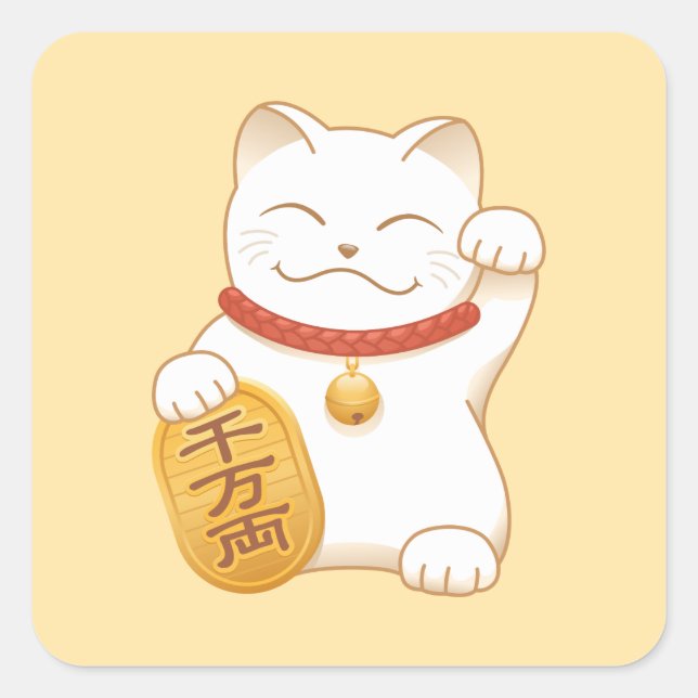 Japanese Lucky White Cat, Maneki Neko Square Sticker (Front)