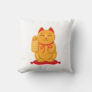 Japanese Maneki Neko Gold Cat, Symbol of Wealth Throw Pillow