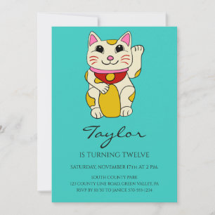 Japanese Maneki Neko Waving Cat Birthday Invitation