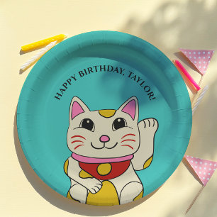 Japanese Maneki Neko Waving Cat Birthday  Paper Plate