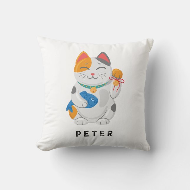Japanese Maneki Neko White Cat, good luck symbol Throw Pillow (Front)