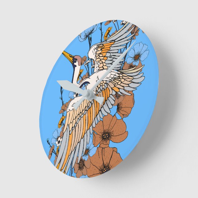 Japanese Manga Crane bird Round Clock (Angle)