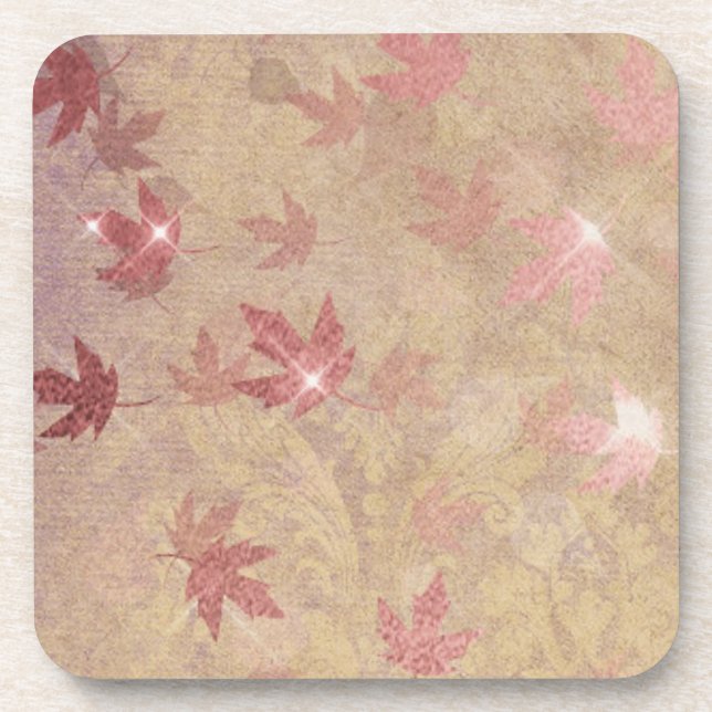 Japanese maple leaf sparkle elegant damask coaster (Front)
