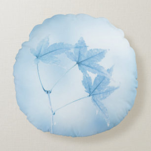 Japanese Maple Leaves in Blue Round Pillow