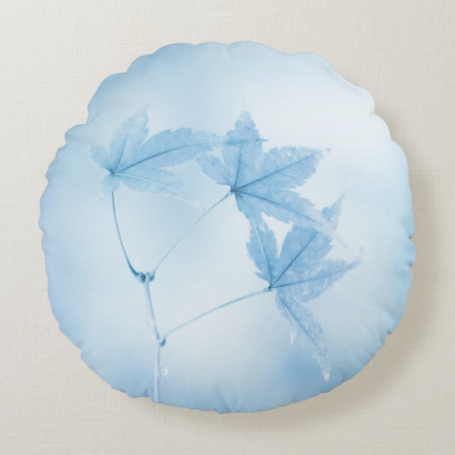 Japanese Maple Leaves in Blue Round Pillow (Front)