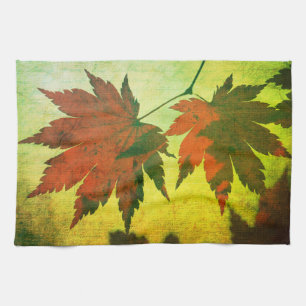 Japanese maple tree leaf script fall red green kitchen towel