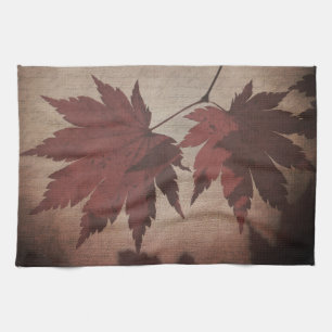 Japanese maple tree leaves and script fall kitchen towel