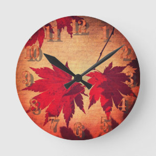 Japanese maple tree leaves and script fall round clock