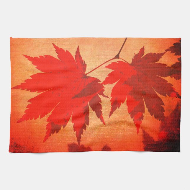 Japanese maple tree leaves script fall orange kitchen towel (Horizontal)
