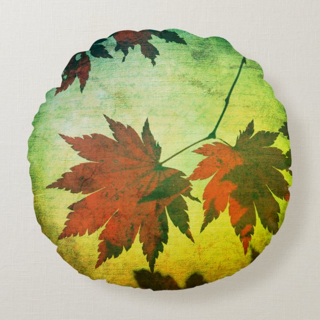 Japanese maple tree leaves script fall red green round pillow (Front)